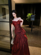 A-Line Off Shoulder Satin Floor Length Burgundy Formal Prom Dresses