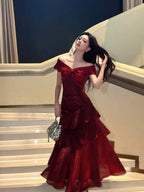 A-Line Off Shoulder Satin Floor Length Burgundy Formal Prom Dresses
