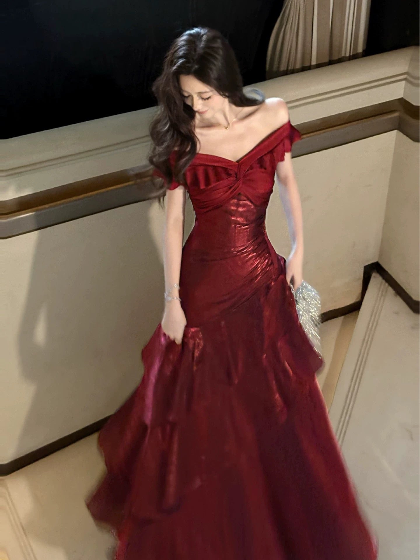 A-Line Off Shoulder Satin Floor Length Burgundy Formal Prom Dresses Main image