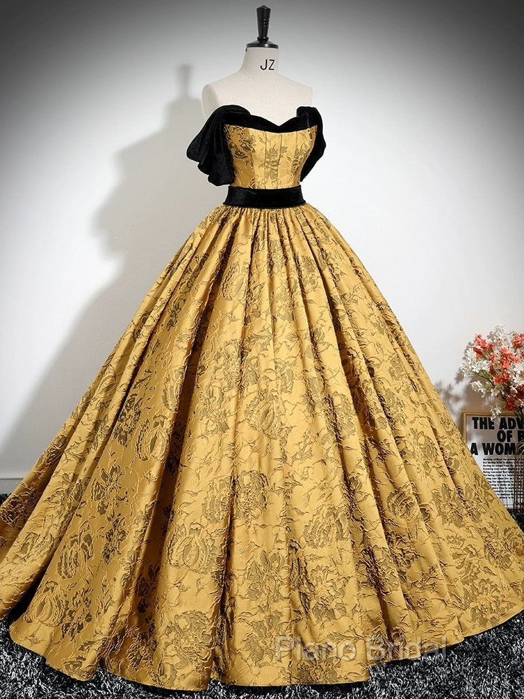 A-Line Off Shoulder Satin Gold Long Formal Prom Dresses, Gold Long Formal Dresses