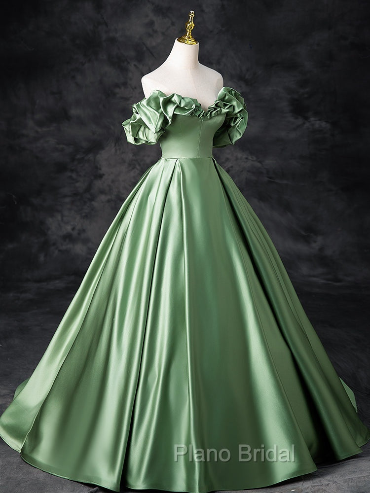 A-Line Off Shoulder Satin Green Long Formal Prom Dresses, Green Long Formal Dresses Secondary image
