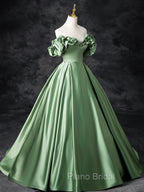 A-Line Off Shoulder Satin Green Long Formal Prom Dresses, Green Long Formal Dresses