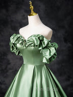 A-Line Off Shoulder Satin Green Long Formal Prom Dresses, Green Long Formal Dresses