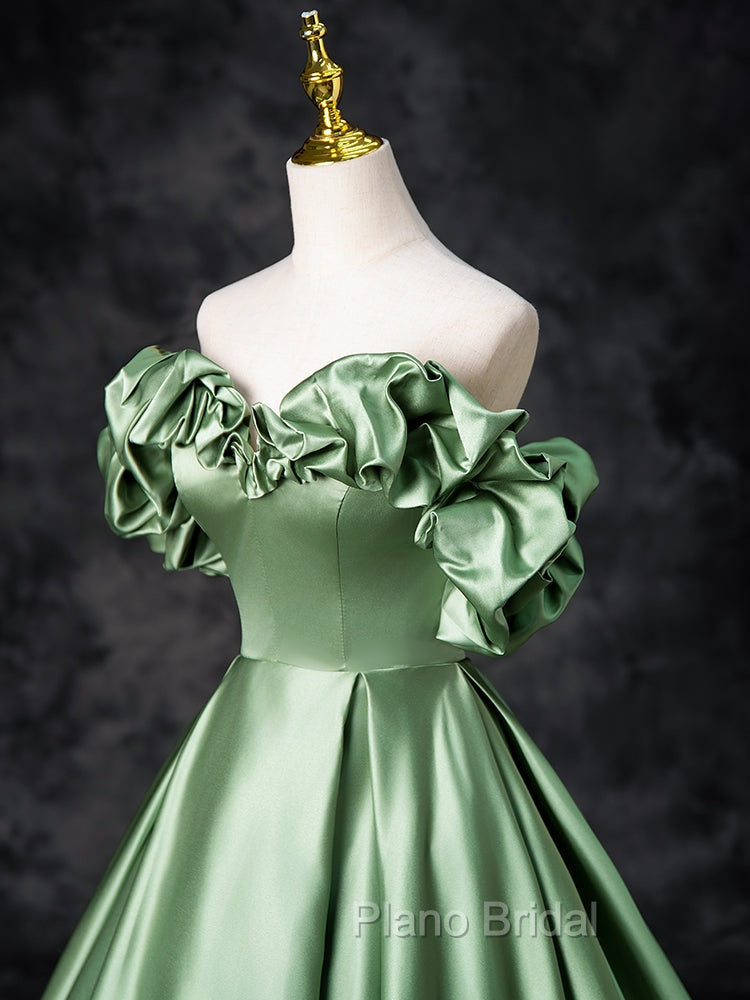 A-Line Off Shoulder Satin Green Long Formal Prom Dresses, Green Long Formal Dresses