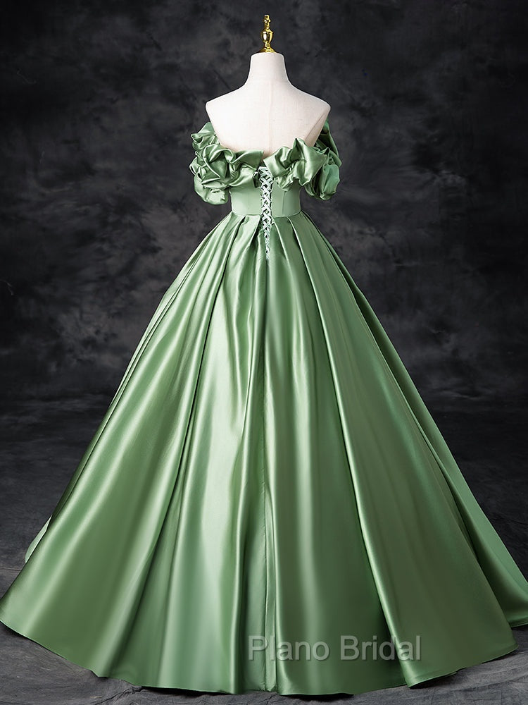 A-Line Off Shoulder Satin Green Long Formal Prom Dresses, Green Long Formal Dresses