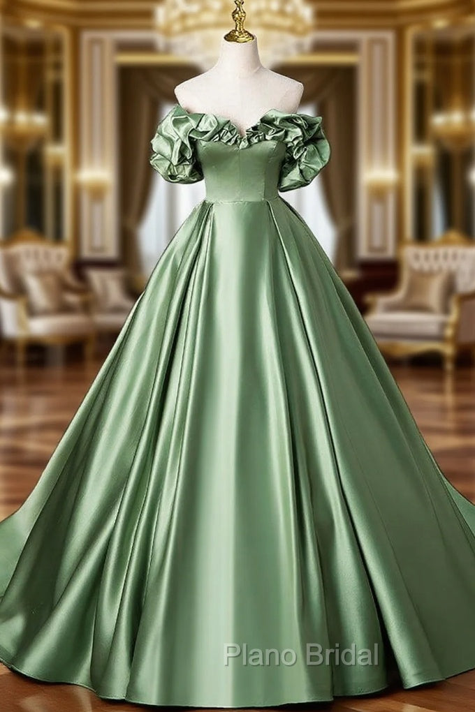 A-Line Off Shoulder Satin Green Long Formal Prom Dresses, Green Long Formal Dresses