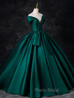 A-Line Off Shoulder Satin Green Long Formal Prom Dresses, Green Long Formal Dresses