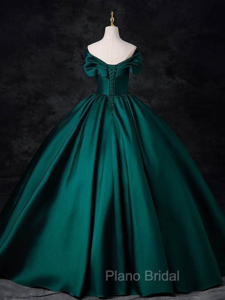 A-Line Off Shoulder Satin Green Long Formal Prom Dresses, Green Long Formal Dresses