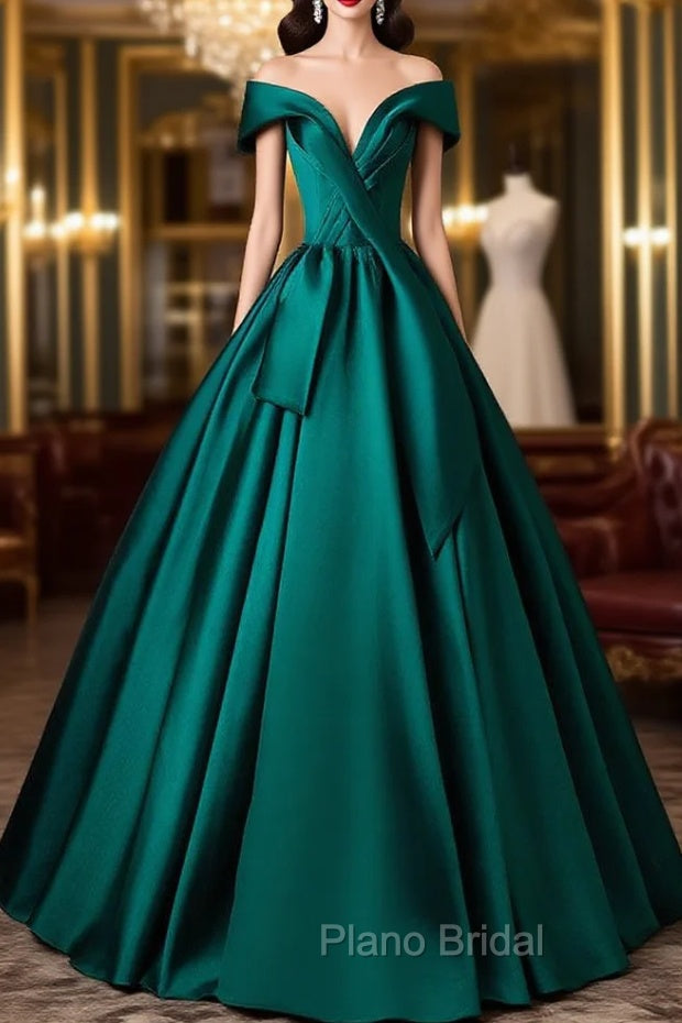 A-Line Off Shoulder Satin Green Long Formal Prom Dresses, Green Long Formal Dresses Main image