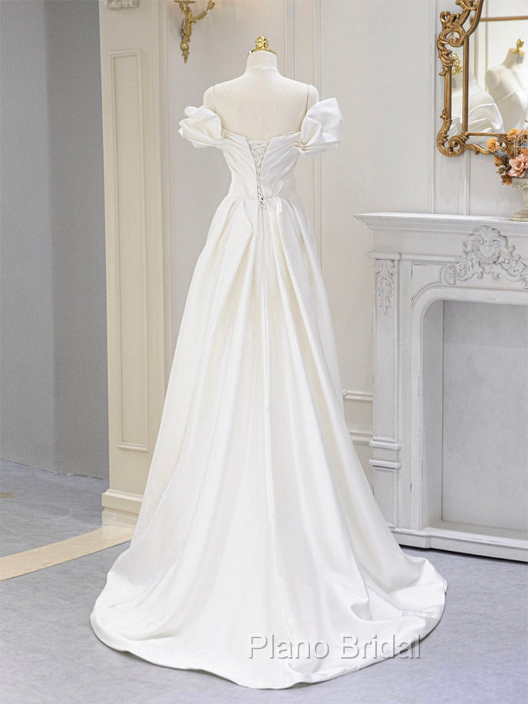 A-Line Off Shoulder Satin ivory Long Formal Prom Dresses, Ivory  Long Bridesmaid Dresses Secondary image