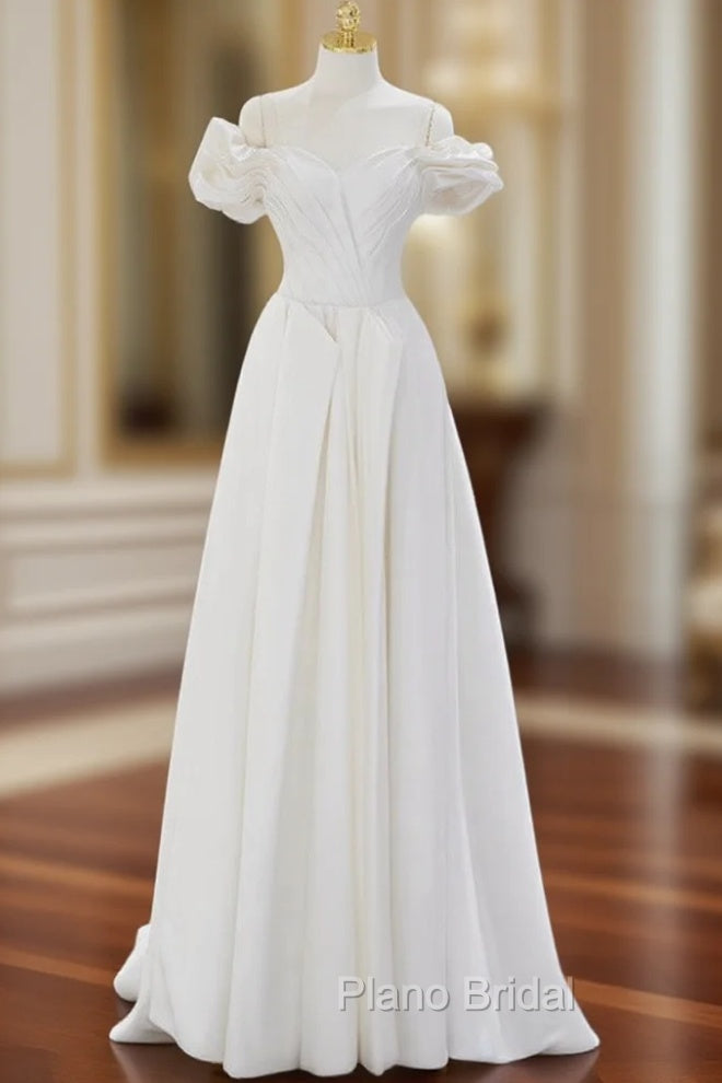 A-Line Off Shoulder Satin ivory Long Formal Prom Dresses, Ivory  Long Bridesmaid Dresses
