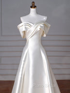 A-Line Off Shoulder Satin ivory Long Formal Prom Dresses, Satin Long Formal Dresses