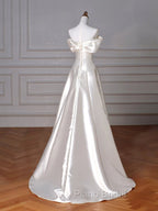 A-Line Off Shoulder Satin ivory Long Formal Prom Dresses, Satin Long Formal Dresses