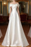 A-Line Off Shoulder Satin ivory Long Formal Prom Dresses, Satin Long Formal Dresses