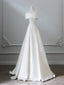 A-Line Off Shoulder Satin Light Champagne Long Formal Prom Dresses, Light Champagne Prom Dresses