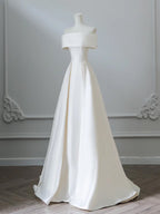 A-Line Off Shoulder Satin Light Champagne Long Formal Prom Dresses, Light Champagne Prom Dresses