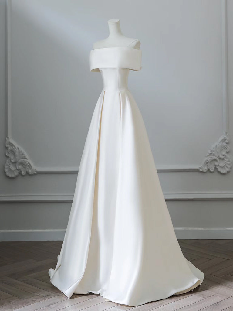 A-Line Off Shoulder Satin Light Champagne Long Formal Prom Dresses, Light Champagne Prom Dresses