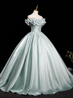 A-Line Off Shoulder Satin Light Green Long Formal Prom Dresses, Light Green Long Formal Dresses