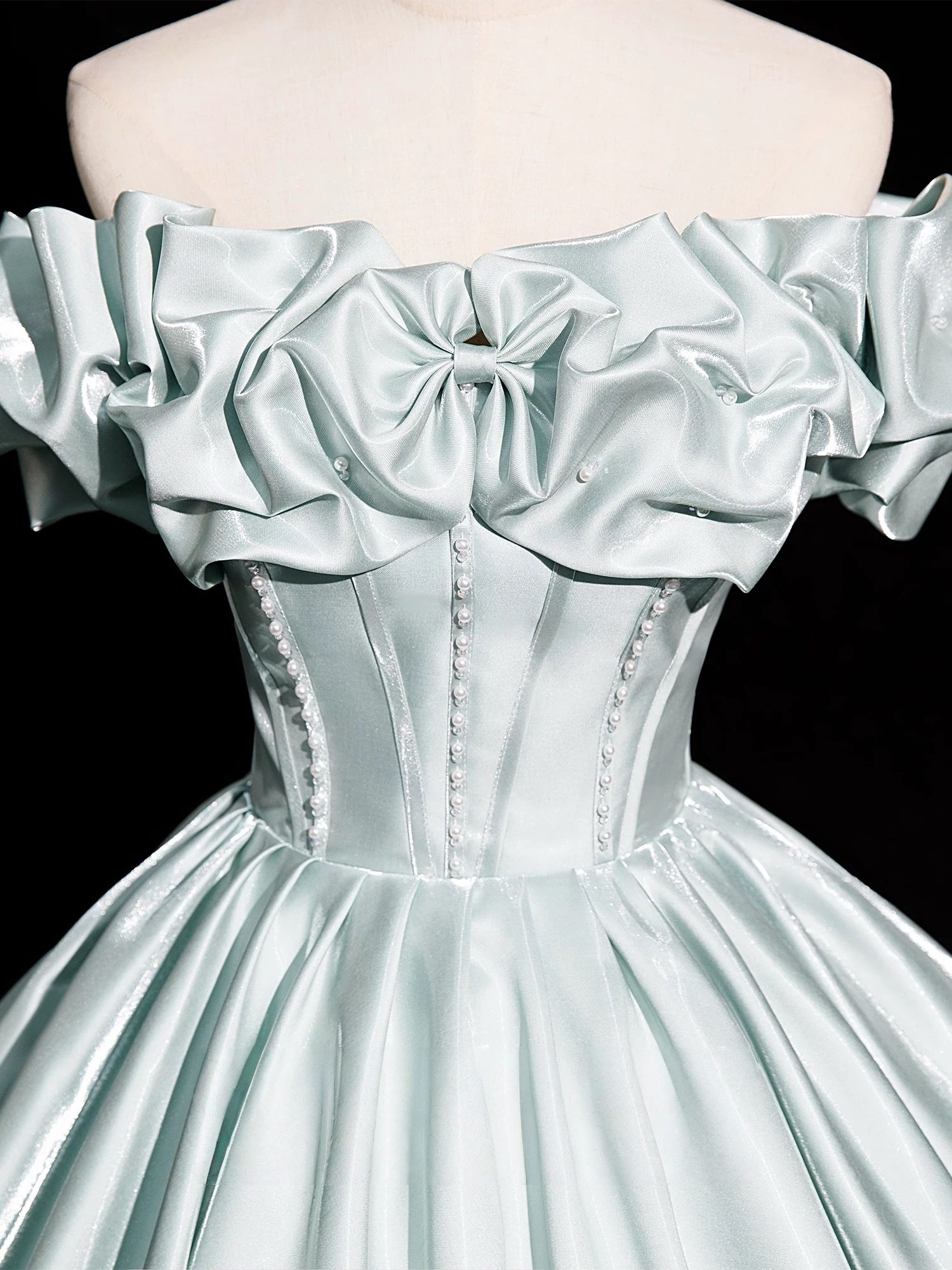 A-Line Off Shoulder Satin Light Green Long Formal Prom Dresses, Light Green Long Formal Dresses