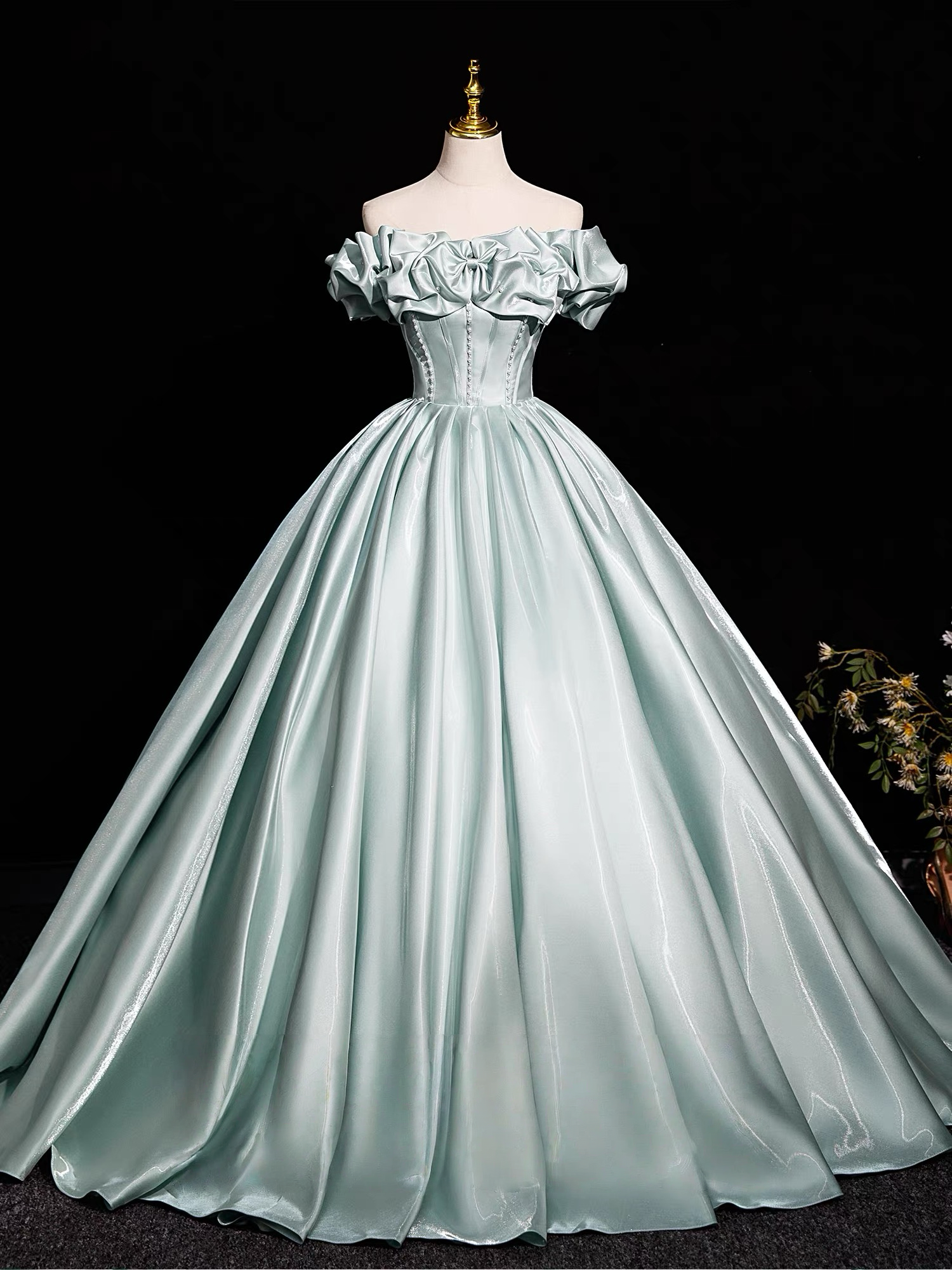A-Line Off Shoulder Satin Light Green Long Formal Prom Dresses, Light Green Long Formal Dresses
