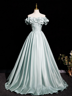 A-Line Off Shoulder Satin Light Green Long Formal Prom Dresses, Light Green Long Formal Dresses