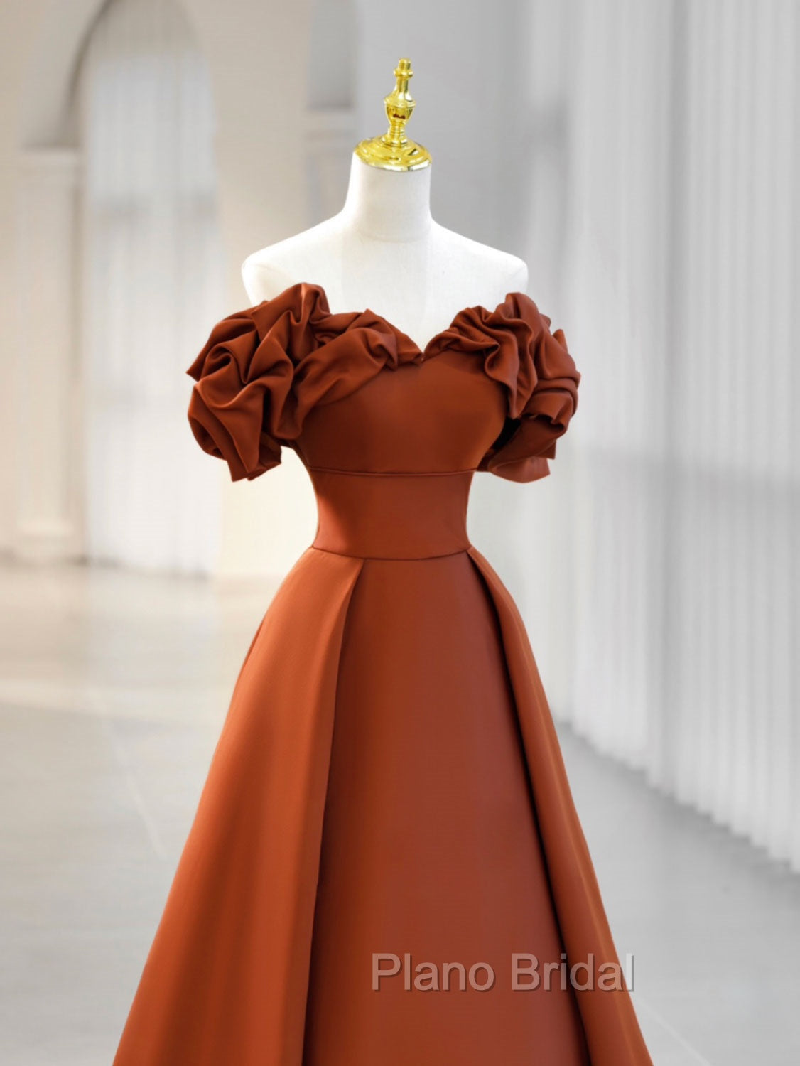 A-Line Off Shoulder Satin Orange Long Formal Prom Dresses, Orange Formal Evening Dresses Secondary image