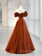 A-Line Off Shoulder Satin Orange Long Formal Prom Dresses, Orange Formal Evening Dresses