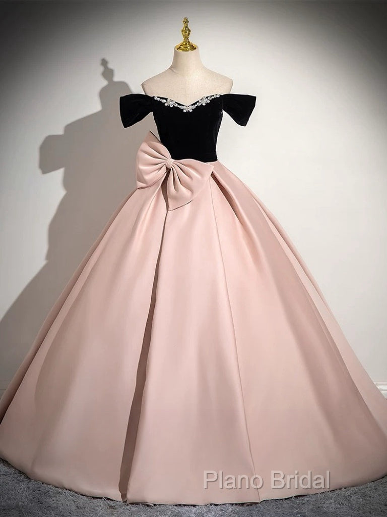 A-Line Off Shoulder Satin Pink Long Formal Prom Dresses, Pink Long Formal Dresses Secondary image