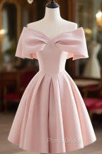 A-Line Off Shoulder Satin Pink Short Formal Prom Dresses, Pink Homecoming Dresses