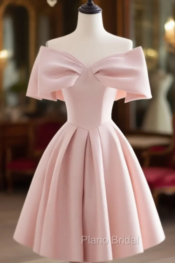 A-Line Off Shoulder Satin Pink Short Formal Prom Dresses, Pink Homecoming Dresses