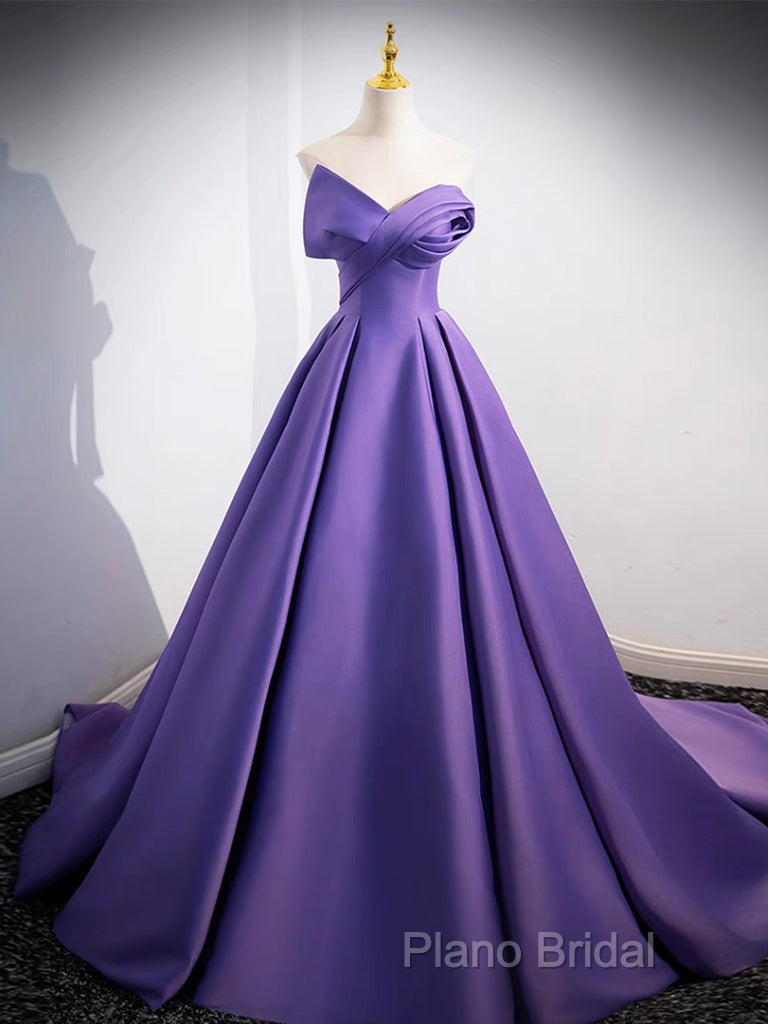 A-Line Off Shoulder Satin Purple Long Formal Prom Dresses, Purple Long Formal Dresses Secondary image