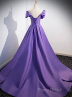 A-Line Off Shoulder Satin Purple Long Formal Prom Dresses, Purple Long Formal Dresses