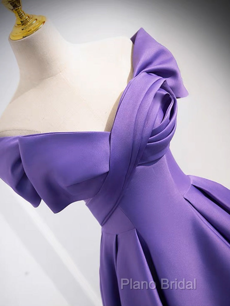 A-Line Off Shoulder Satin Purple Long Formal Prom Dresses, Purple Long Formal Dresses