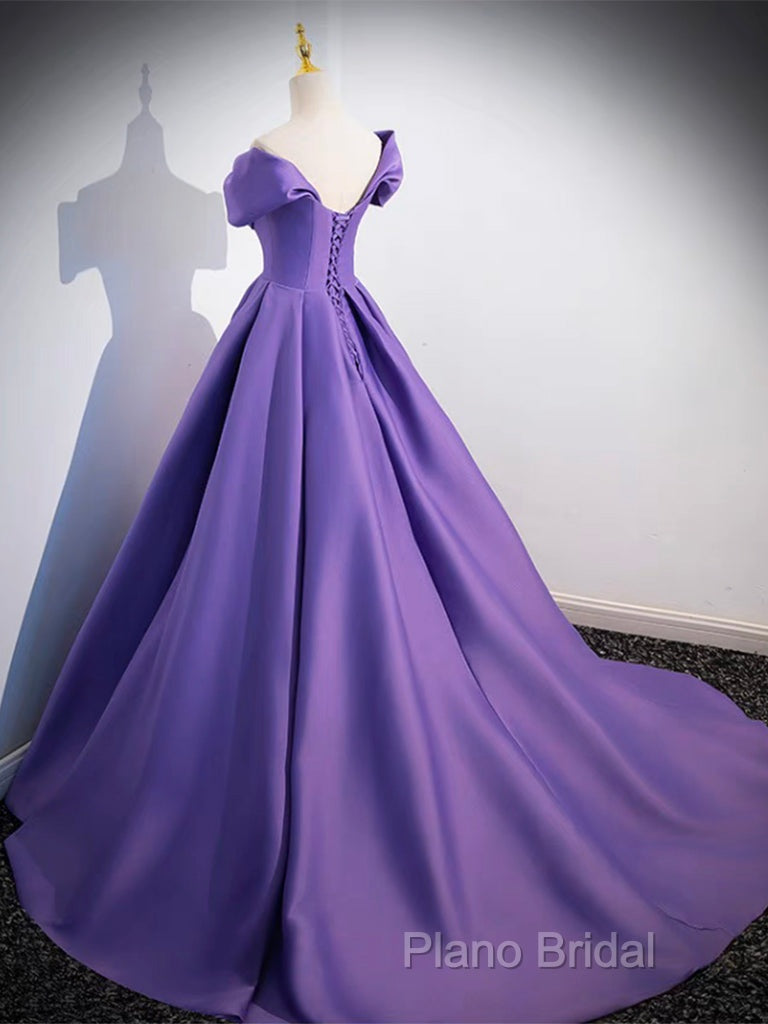 A-Line Off Shoulder Satin Purple Long Formal Prom Dresses, Purple Long Formal Dresses