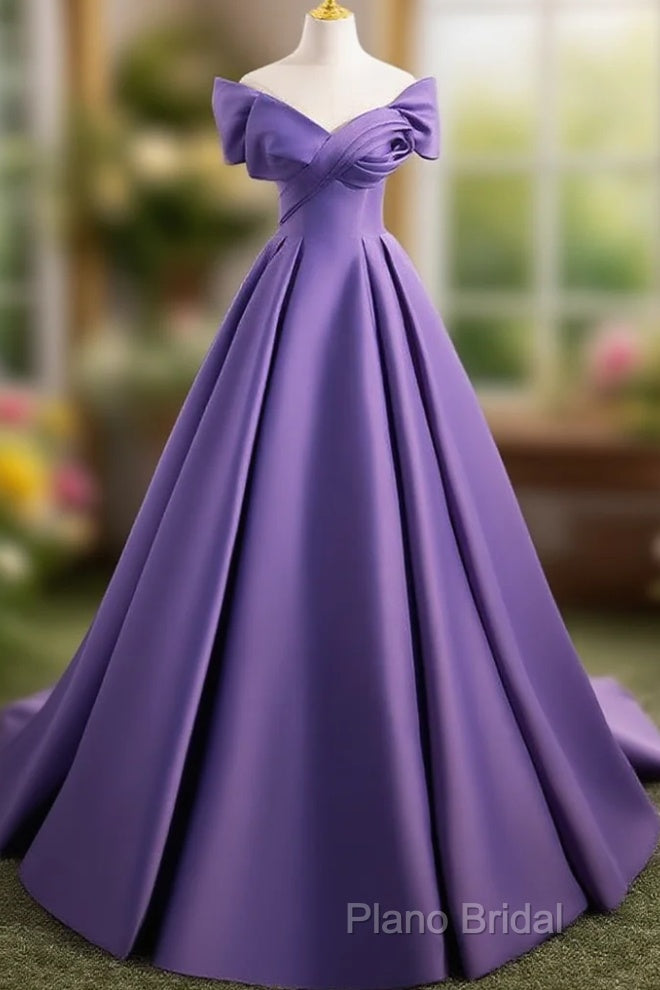 A-Line Off Shoulder Satin Purple Long Formal Prom Dresses, Purple Long Formal Dresses