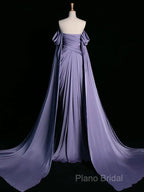 A-Line Off Shoulder Satin Purple Long Formal Prom Dresses, Purple Long Formal Dresses