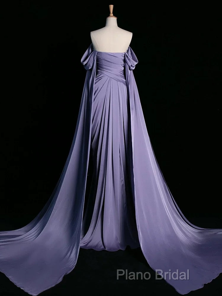 A-Line Off Shoulder Satin Purple Long Formal Prom Dresses, Purple Long Formal Dresses