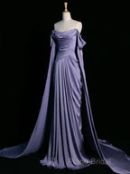 A-Line Off Shoulder Satin Purple Long Formal Prom Dresses, Purple Long Formal Dresses