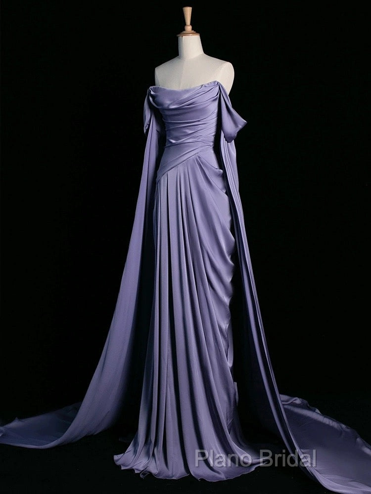 A-Line Off Shoulder Satin Purple Long Formal Prom Dresses, Purple Long Formal Dresses