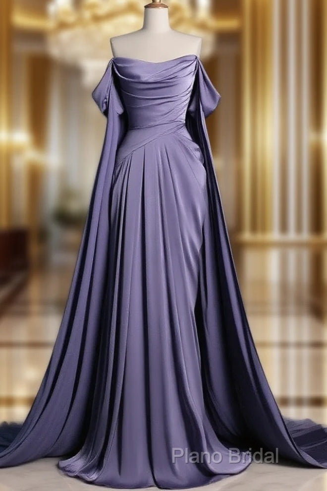 A-Line Off Shoulder Satin Purple Long Formal Prom Dresses, Purple Long Formal Dresses