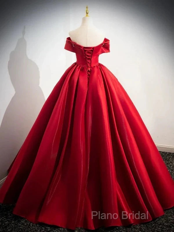 A-Line Off Shoulder Satin Red Ballgown Long Formal Prom Dresses Formal Dresses Floor Length