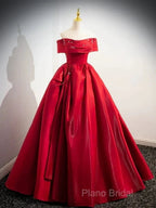 A-Line Off Shoulder Satin Red Ballgown Long Formal Prom Dresses Formal Dresses Floor Length