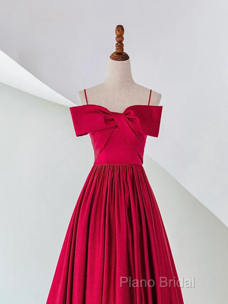 A-Line Off Shoulder Satin Red Long Formal Prom Dresses, Red Formal Dresses