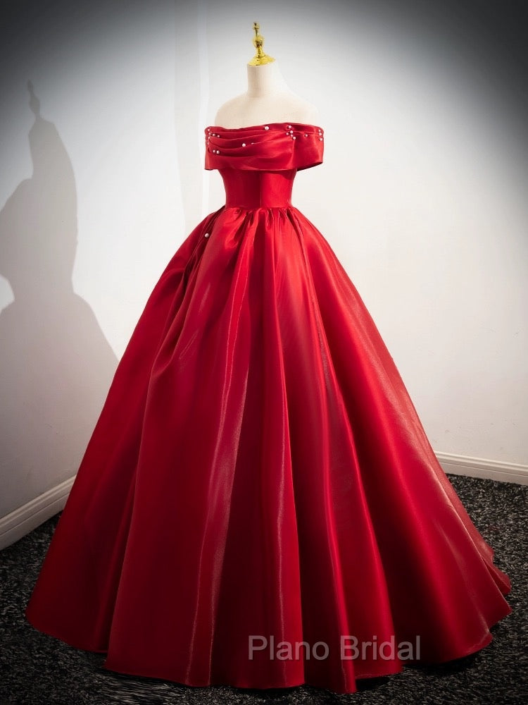 A-Line Off Shoulder Satin Red Long Formal Prom Dresses, Red Long Evening Dresses Secondary image