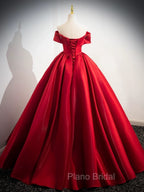 A-Line Off Shoulder Satin Red Long Formal Prom Dresses, Red Long Evening Dresses