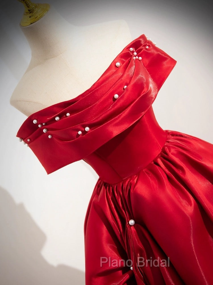 A-Line Off Shoulder Satin Red Long Formal Prom Dresses, Red Long Evening Dresses