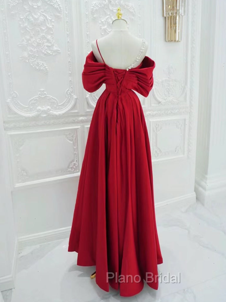 A-Line Off Shoulder Satin Red Long Formal Prom Dresses, Red Long Formal Dresses Secondary image