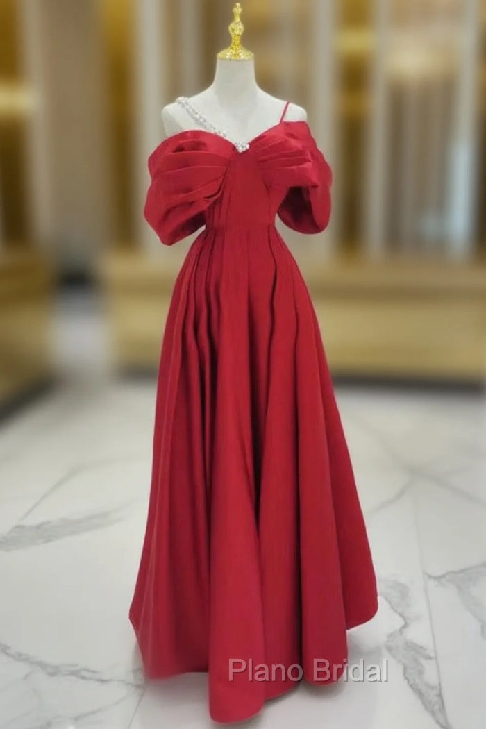 A-Line Off Shoulder Satin Red Long Formal Prom Dresses, Red Long Formal Dresses Main image