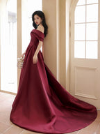 A-Line Off Shoulder Satin Sweet Train Dark Red Long Formal Prom Dresses