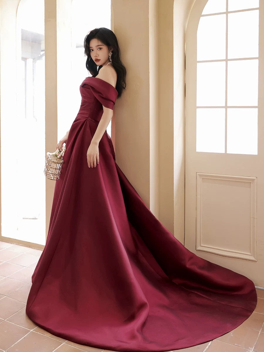 A-Line Off Shoulder Satin Sweet Train Dark Red Long Formal Prom Dresses